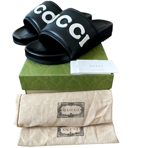 Authentic GUCCI Jumbo Logo Leather Slide Sandals Black Men's Size 8 | US 8.5 NWT - Picture 10 of 14